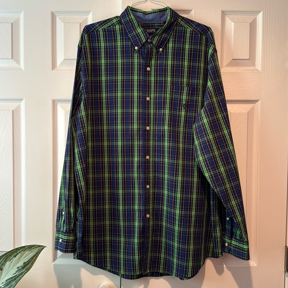 Chaps Men's Blue and Green Plaid Dress Shirt